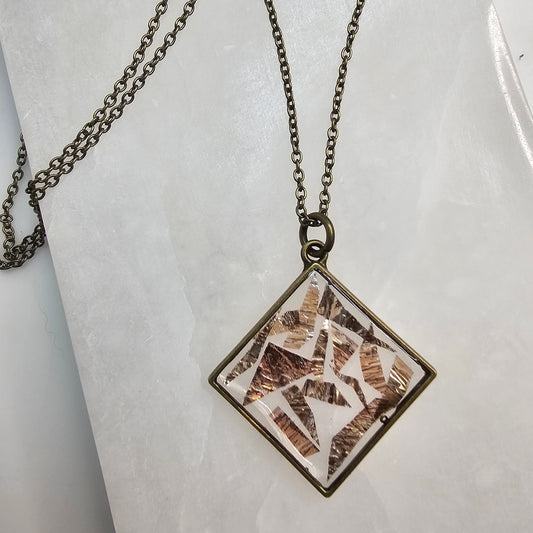 Clear with Metallic Bronze Mozaic Diamond Pendant Resin Necklace