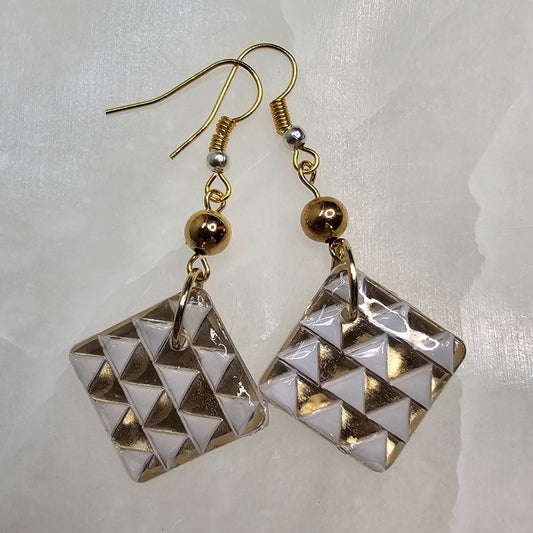 White & Gold Geometric Dangle Resin Earrings