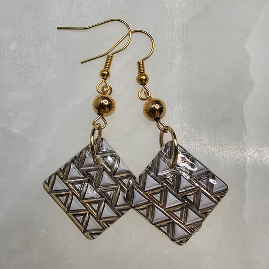 White Gold & Black Geometric Dangle Resin Earrings