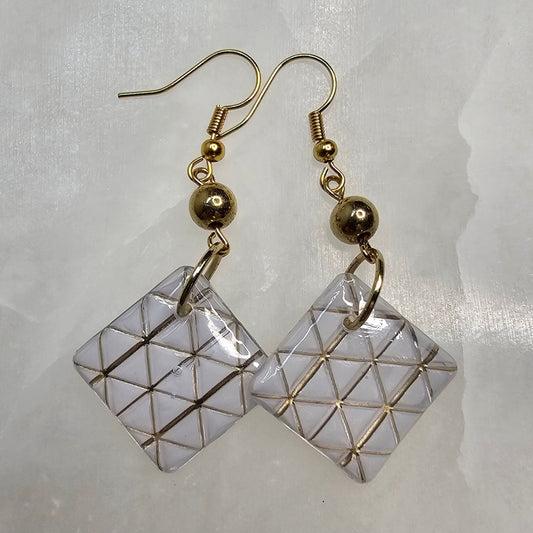 White with Gold Geometric Lines Dangle Resin Earrings