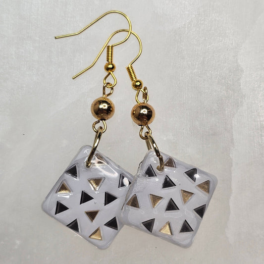 White with Black & Gold Mini Triangles Geometric Dangle Resin Earrings