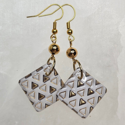 White with Gold Mini Triangles Geometric Dangle Resin Earrings