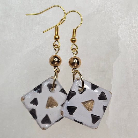 White with Black & Gold Triangles Geometric Dangle Resin Earrings