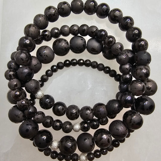 Black Natural Stone Stretch Bracelet - Set of 4 Graduated Sizes