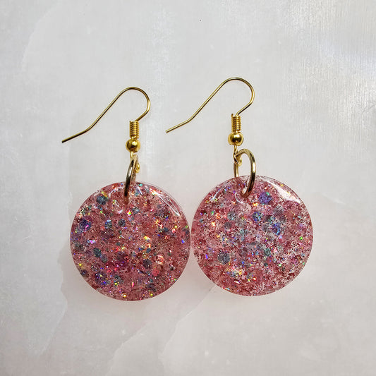 Pink Glitter Round Dangle Resin Earrings