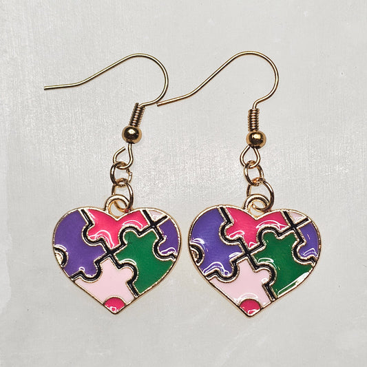 Autism Awareness Puzzle Heart Dangle Earrings - Pink, Purple, Green