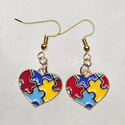 Autism Awareness Puzzle Heart Dangle Earrings - Yellow, Red, Blue