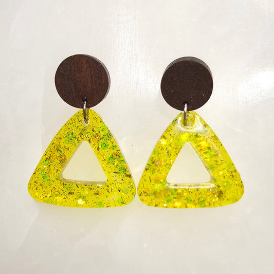 Wood & Yellow Glitter Stud Dangle Earrings